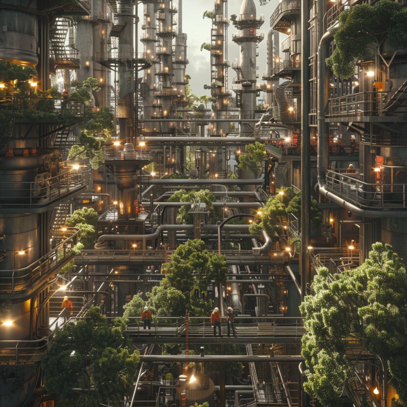 Industrial plant reclaimed by trees