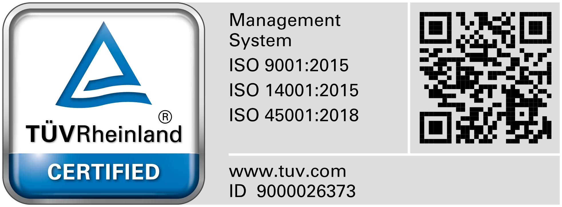 TÜV Rheinland test mark 9000026373 with QR code